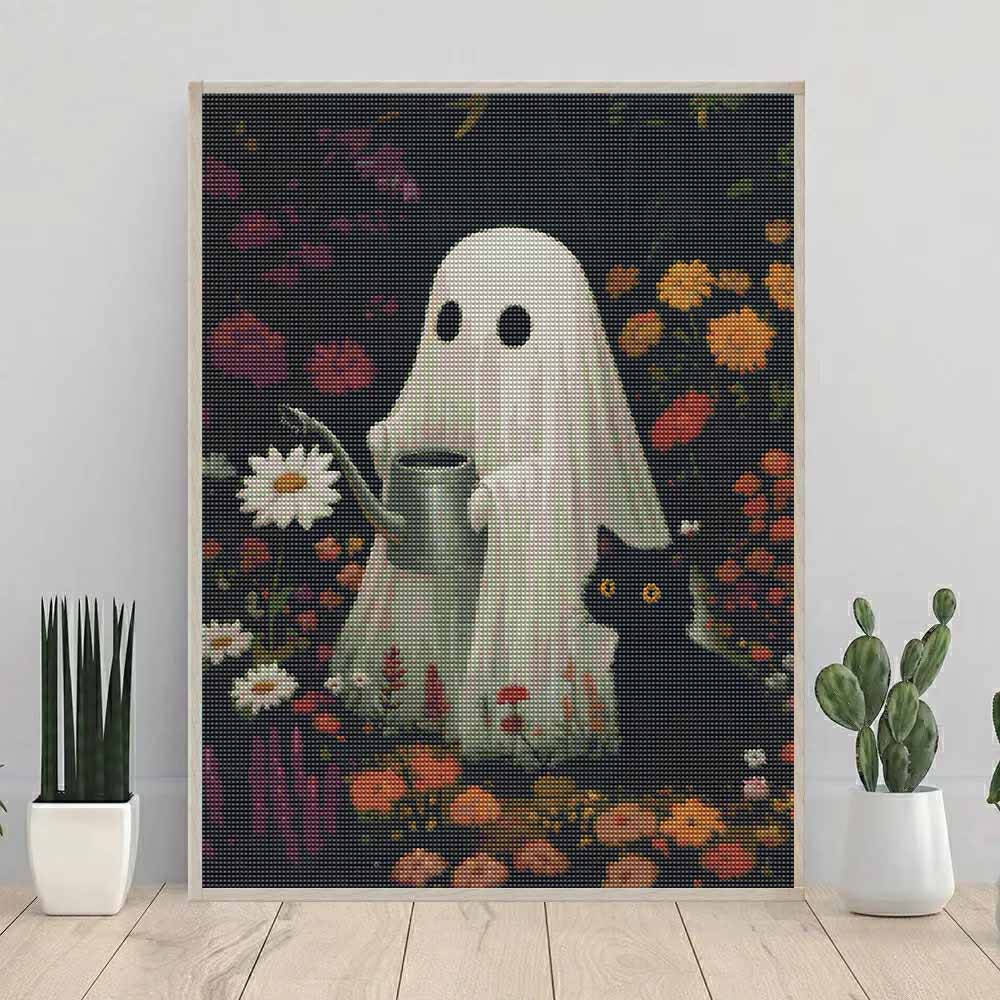 DIY Diamond Painting Kit Cute Ghost and Black Cat Pattern 5D Full Drill Canvas Art Creative Craft Gift for Girls and Adults