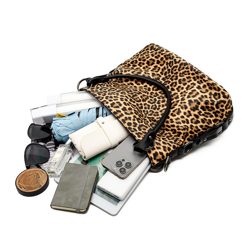 Women Vintage Leopard Print Handbags Punk Style Satchel Top-Handle Shoulder Bag Ladies Underarm Bags Multi-Pockets Dumpling Pack