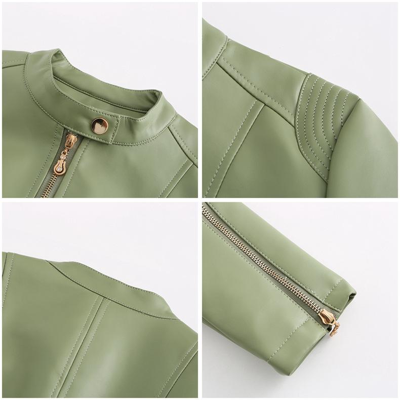 Women's Leather Jacket Women's PU Leather Short Jacket Stand Up Collar Jacket Women's Spring and Autumn Thin Leather Jacket Navy Blue Jacket