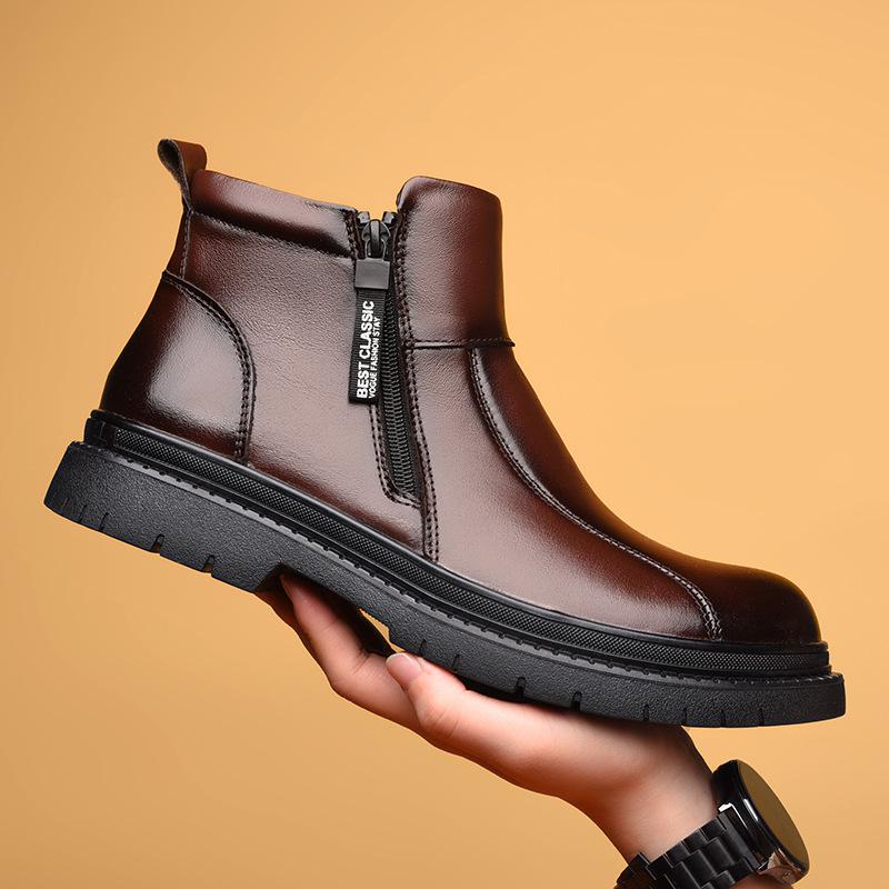 Men's 2025 Height-Increasing Genuine Leather Chelsea Martin Boots with Velvet Wool Lining