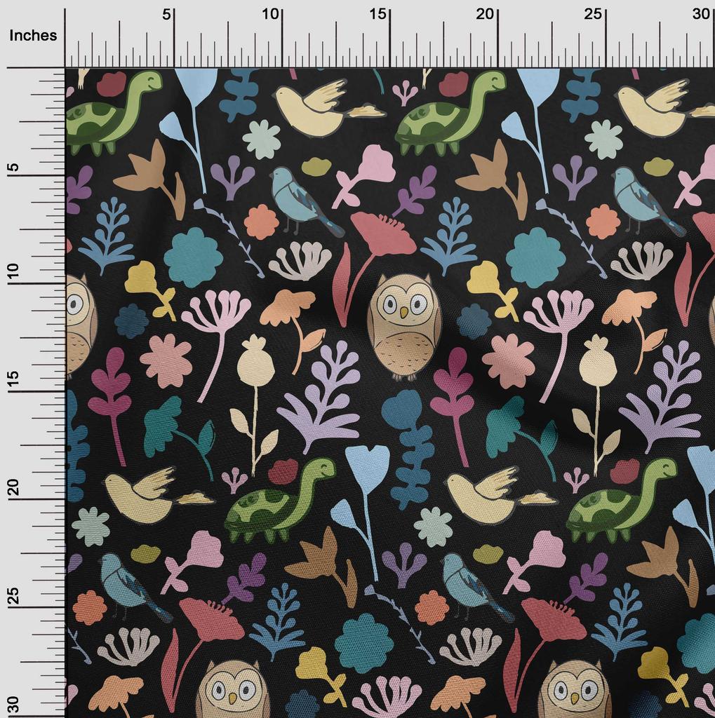 oneOone Cotton Flex Black Fabric Tropical Doodled Animals With Leaves Craft Projects Decor Fabric Printed By The Yard 40 Inch