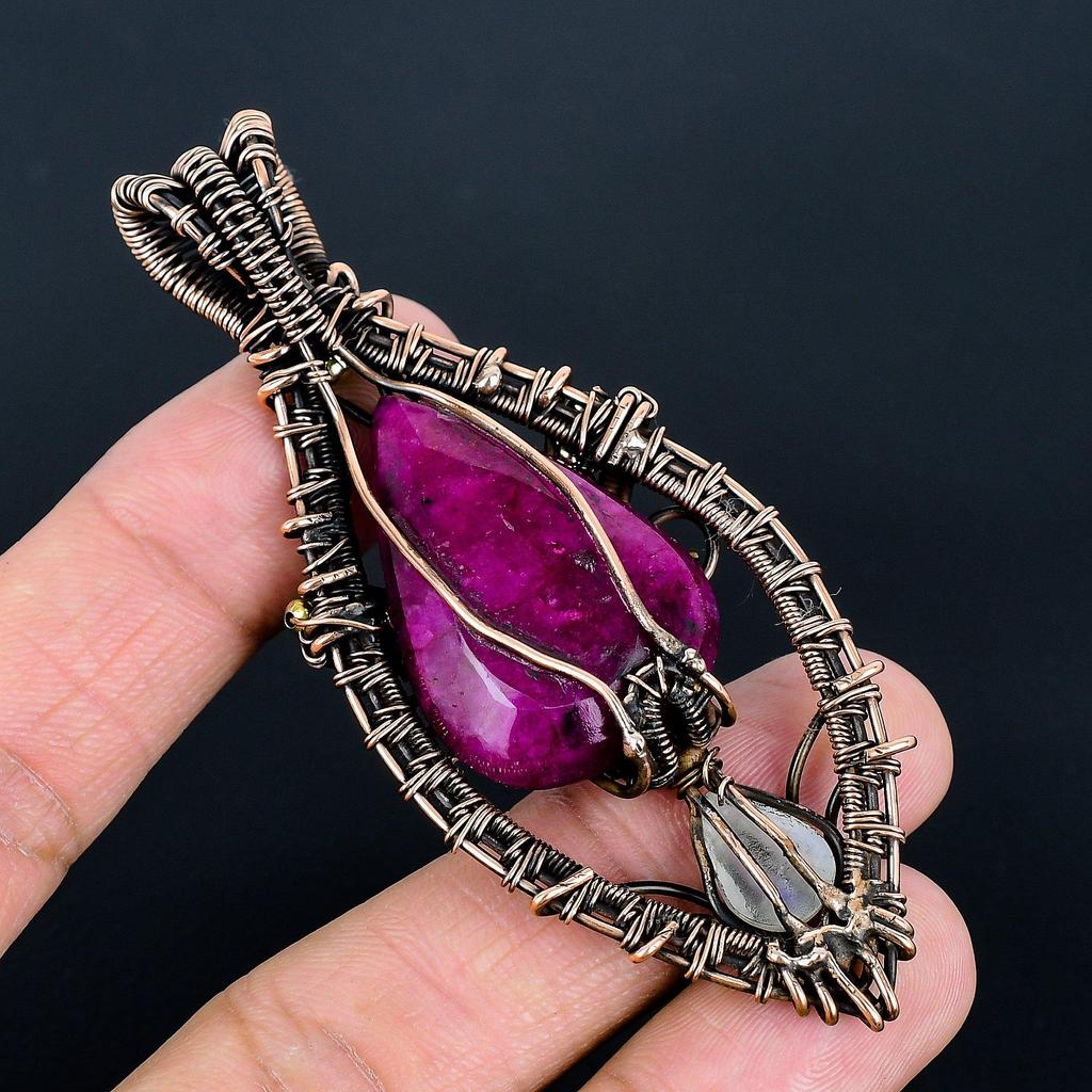 Ruby & Moonstone 999 Copper Wire Wrapped Pendant, Handmade Gemstone Tree Of Life Pendant Jewelry, Gifts For Wife Brand New Pendant