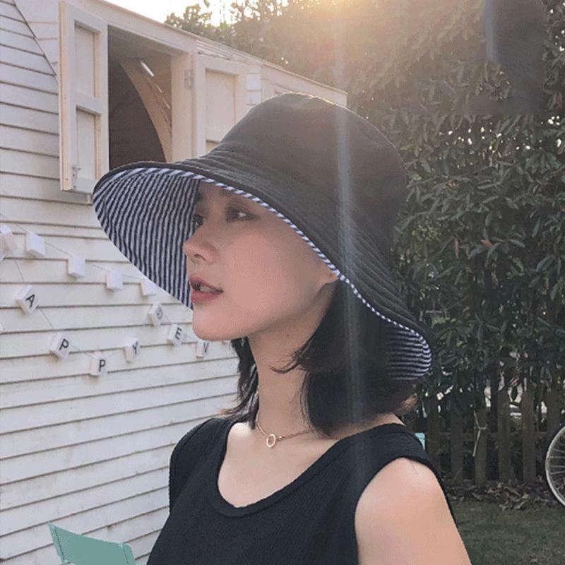 Koreansk Stripet Dobbeltsidig Bøttehatt For Kvinner Bred Skygge Anti-UV Solbeskyttelse Panama Hatt Utendørs Strand Reise Fiskehatter