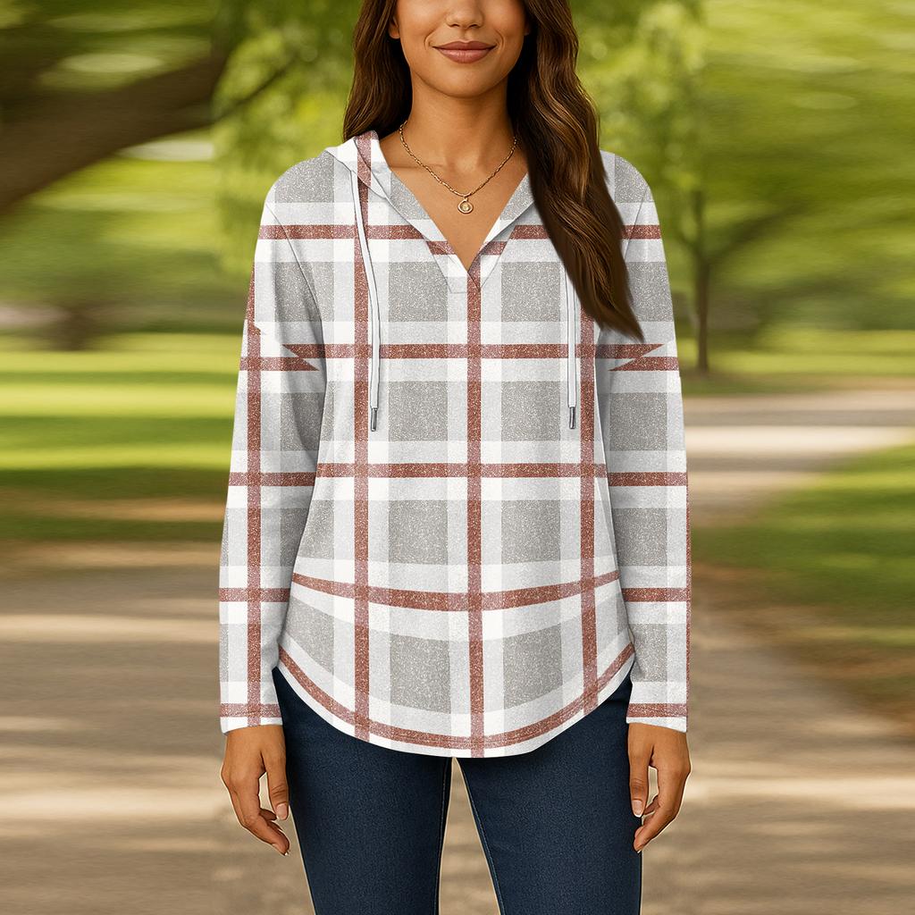 Damenmode Kapuzenpullover V-Ausschnitt Langarm Geblümter Kordelzug Lässig Locker Pullover Tops