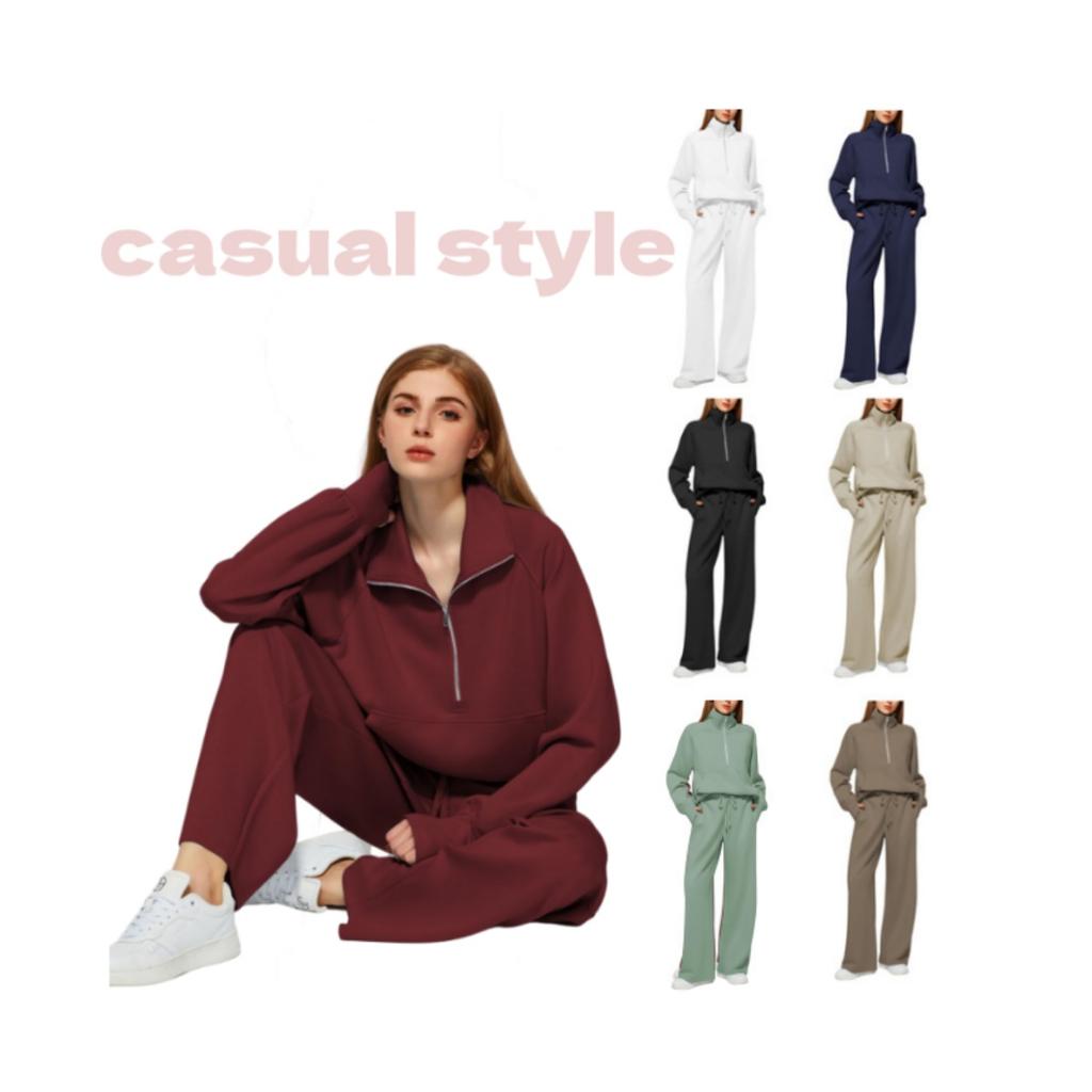 2025Women Coat Pants Set Stand Collar Long Sleeve Zip-up Elastic Cuff Jacket Drawstring Stretchy High Waist Wide Leg Trousers Sport Tracksuit