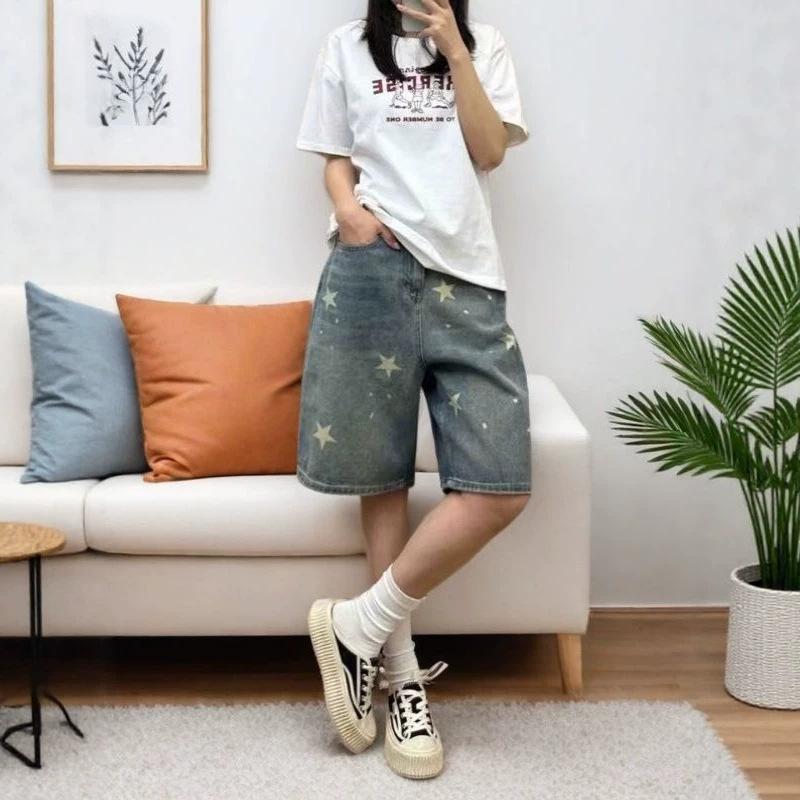 Women's High Waist Star Print Vintage Washed Denim Shorts Loose Wide Leg Culottes
