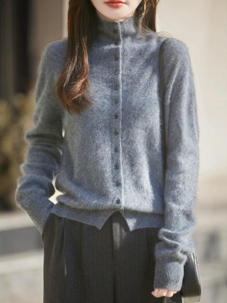 Retro Chic Wool Brushed Button-Up Cardigan - Versatile Autumn & Winter Women's Style with Rolled Hem and Neckline.