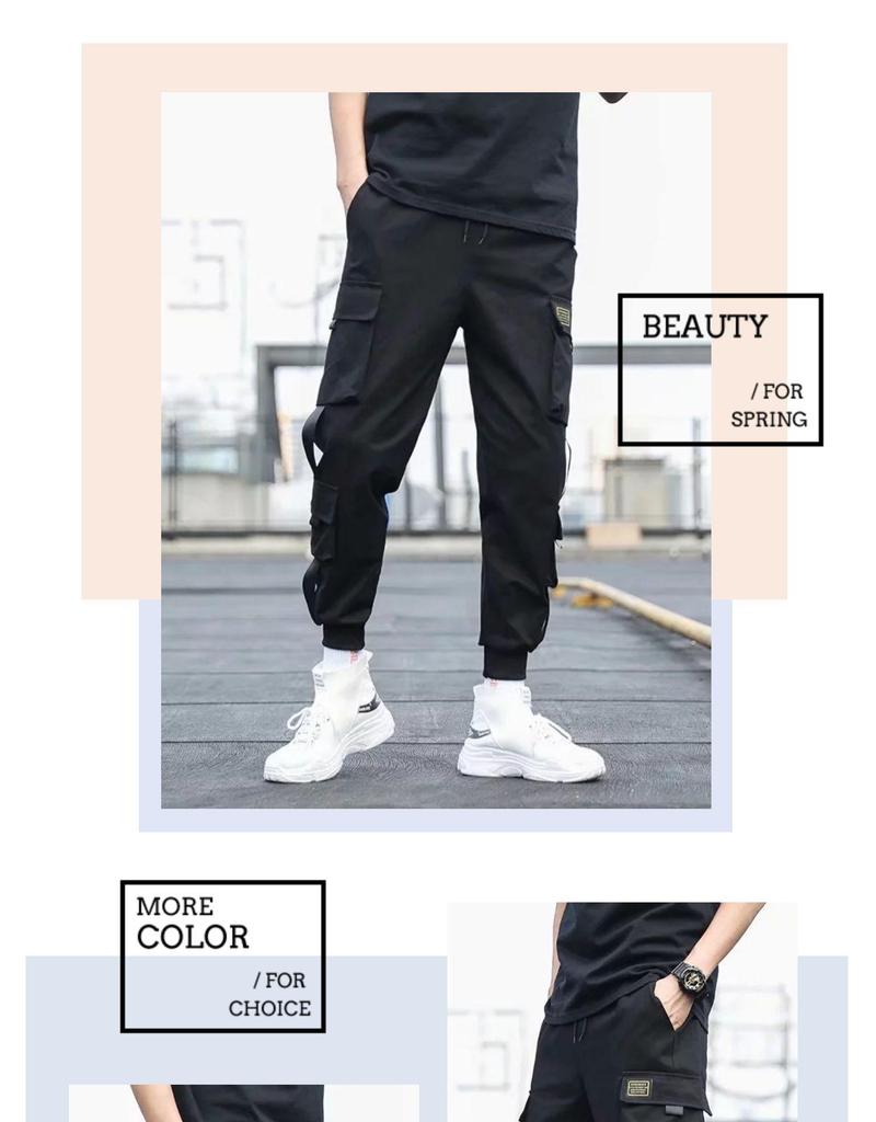 Pantaloni lungi negri în stil coreean pentru bărbați înalți, salopetă casual largă, cu manșete