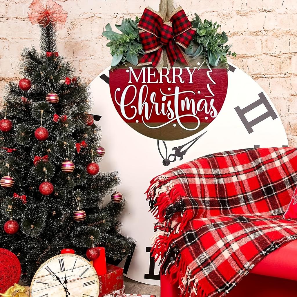 2D Flat Christmas Wooden Wreath Sign - Artificial Winter Door & Wall Decoration for Holiday Parties and Home Decor