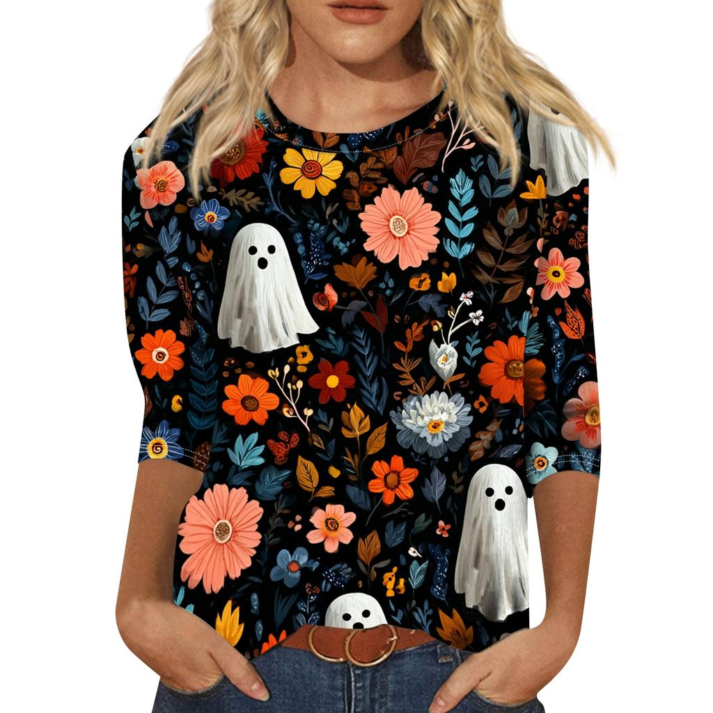 Women’s Casual Halloween Print Crew Neck Three Quarter Sleeve Floral Pattern T Shirt Top for Daily Wear Holiday Party
