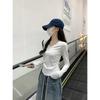 Autumn/Winter Korean Style Slim V-neck Pleated Solid Long-sleeve T-shirt