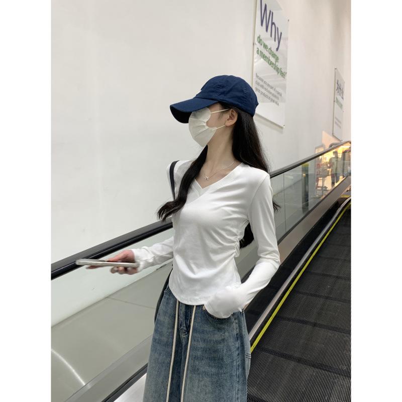 Autumn/Winter Korean Style Slim V-neck Pleated Solid Long-sleeve T-shirt