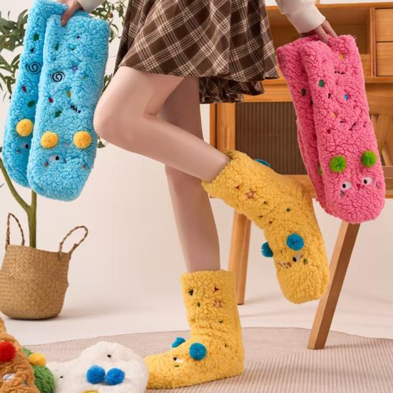 1 Pair Women Socks Cartoon Pattern Thickened Warm Knitting Socks Non-Slip Plush Pilling Resistant Floor Socks