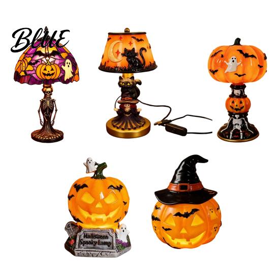 USB Plug-in Night Lamp Halloween Light Powered Stained Glass Lamp Retro Gothic Glowing Bookshelf Lighting with Warm Amber Purple Tabletop Decor for