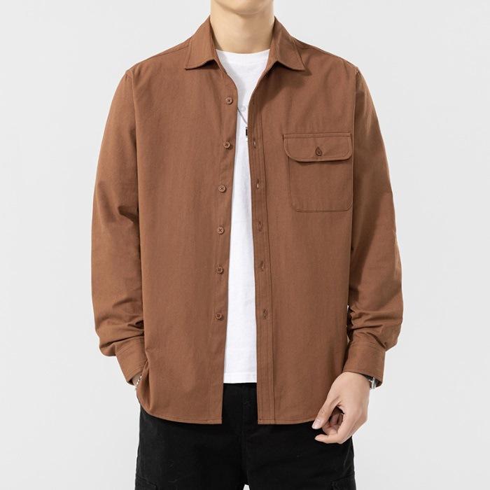 Pure Cotton Long-sleeved Shirt Men's Spring Pocket Solid Color Long-sleeved Shirt Casual Shirt Jacket