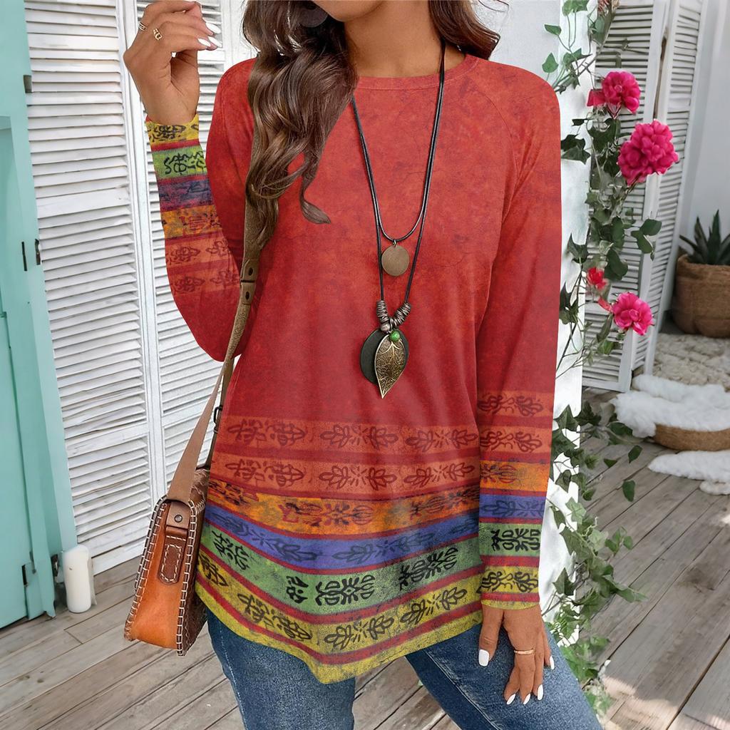 Women's Casual Plus SizeLong Sleeved Round Neck Vintage Ethnic Printing T-shirt Top Pullover