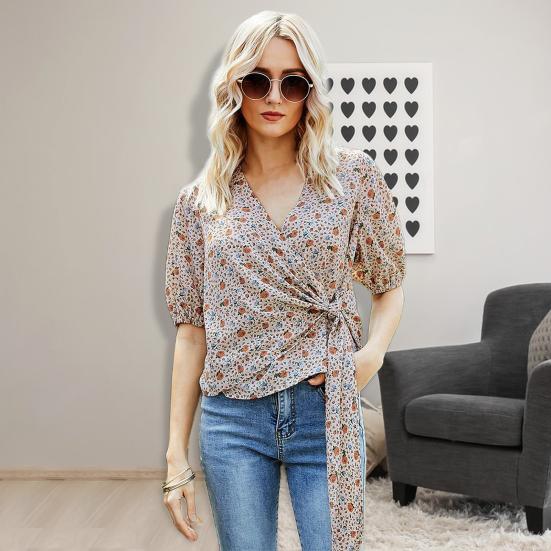 

Свободная рубашка с V-образным вырезом и половиной рукавов, тонкая блузка со шнуровкой по бокам и цветочным принтом