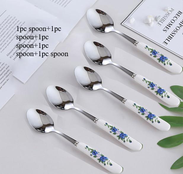 Floral ceramic handle fork rice spoon tableware stainless steel  soup  coffee ice spoon dessert household mixing spoon 5pcs
