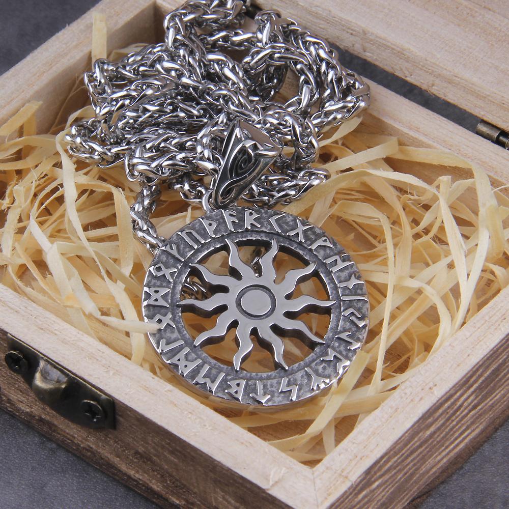 Stainless Steel Viking Rune Pentagram Pendant Necklace with Wooden Gift Box Nordic Magic Jewelry