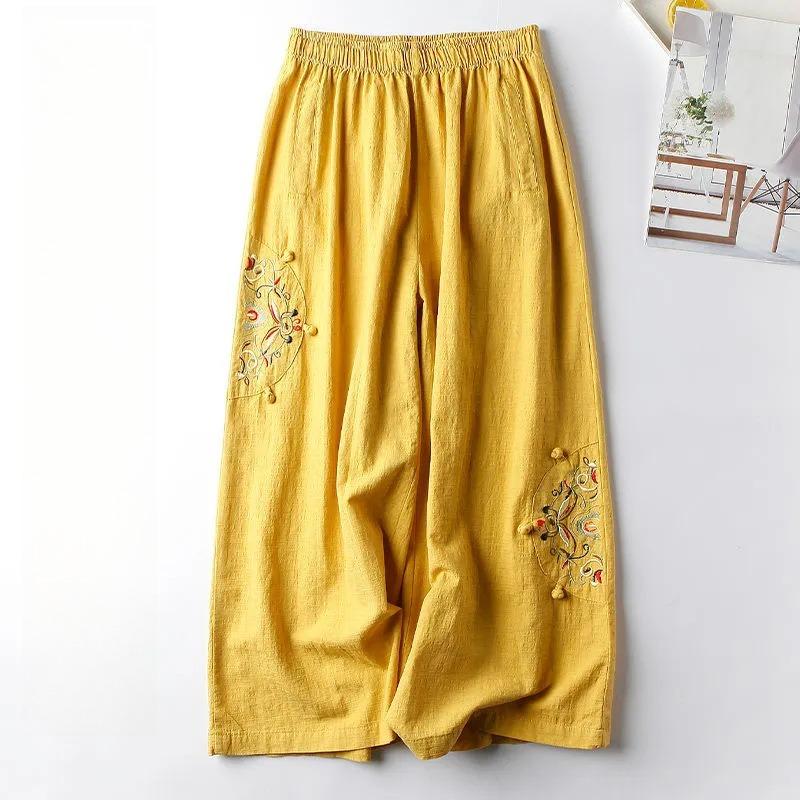 Cotton and Linen Casual Pants Women's Pants Spring and Summer Thin Retro Ethnic Style Embroidered Wide-leg Pants All-match Thin Nine-point Pants Women