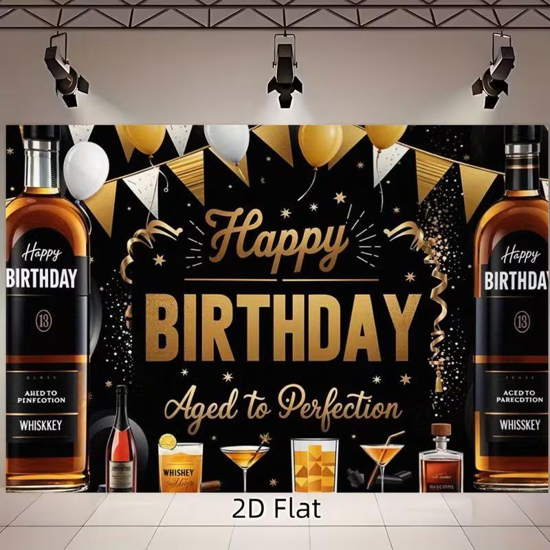 2D Elegant Black and Gold Backdrop, Whiskey Theme "Happy Birthday" Background for Cocktail Parties