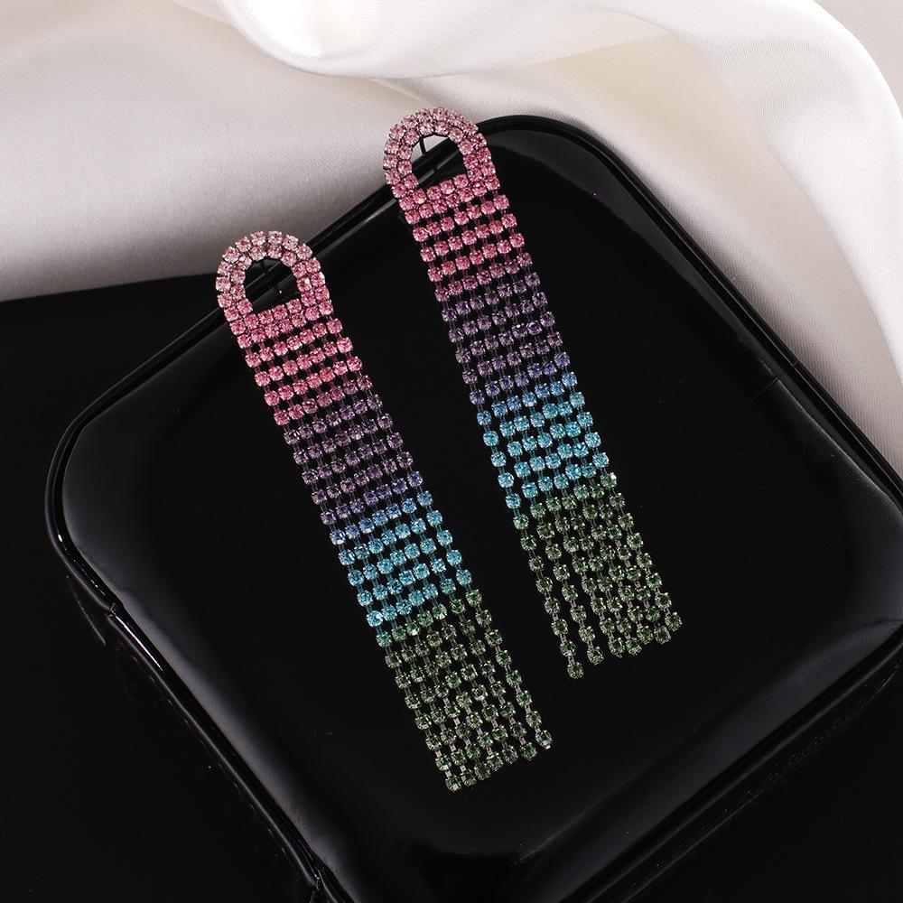Elegant Long Tassel Rhinestone Stud Earrings Women's Wedding Performance Stage Multi-Color Gradient Slimming E775