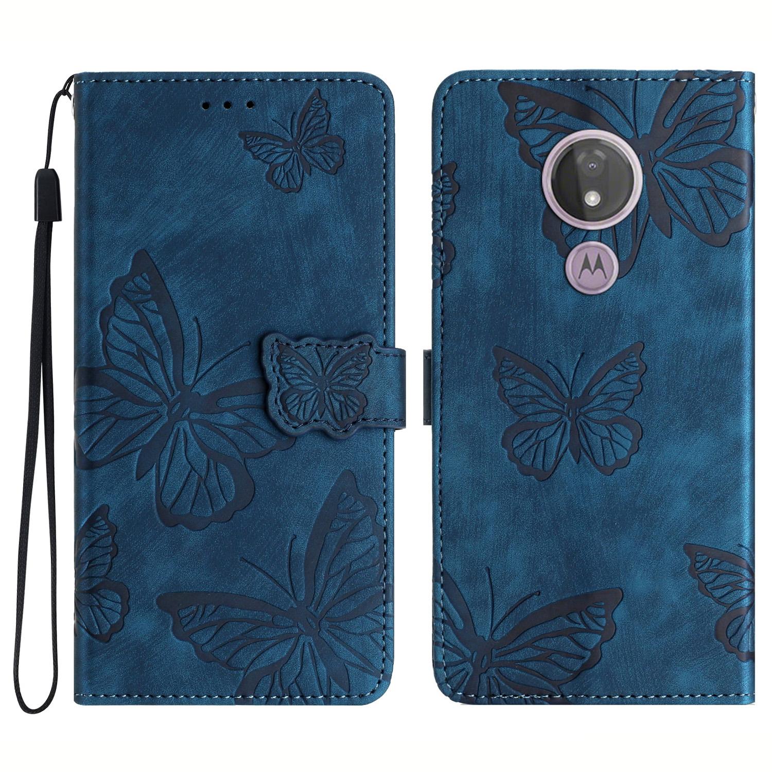 

For Motorola Moto G7 Power Skin-touch PU Leather Case Butterfly Imprinted Stand Wallet Phone Cover Blue