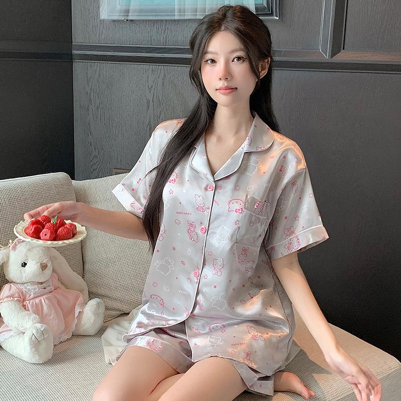 

Пижамный комплект из ледяного шелка серебристо-пудрового цвета, женский летний дизайн, высококачественный, с коротким рукавом и брюками, для дома 2XL