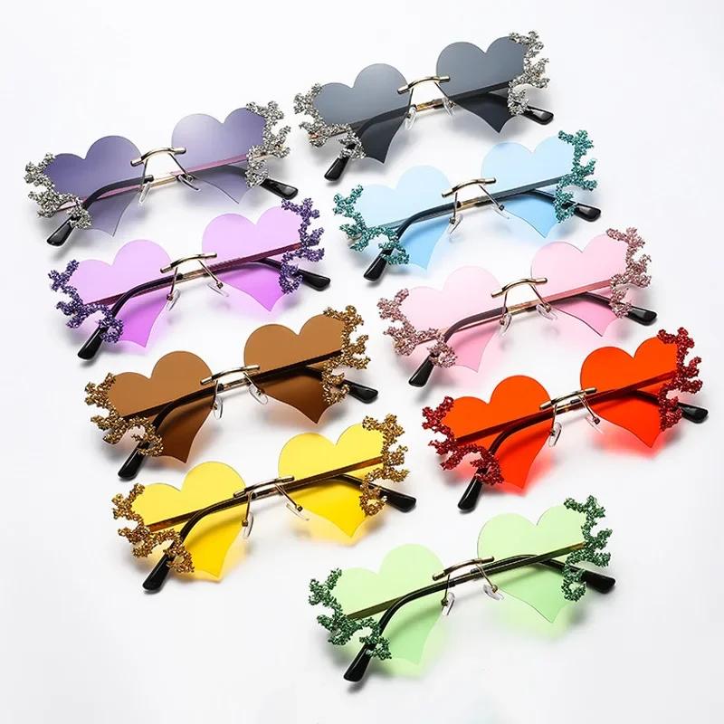 Fashion Heart Shaped Sunglasses Luxury Diamond Funny Personality Rimless Sun Glasses Halloween Party Christmas Decoration