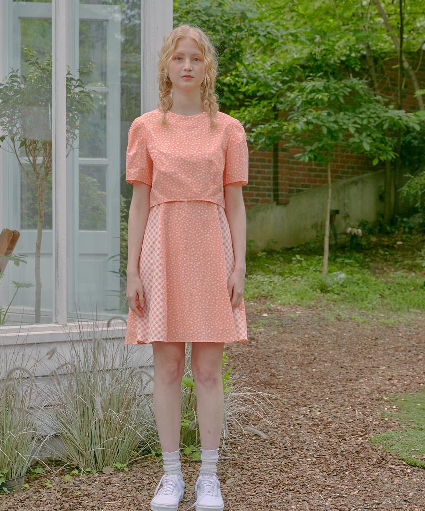 Near And Dear Flower & Check Color Block Dress_Orange