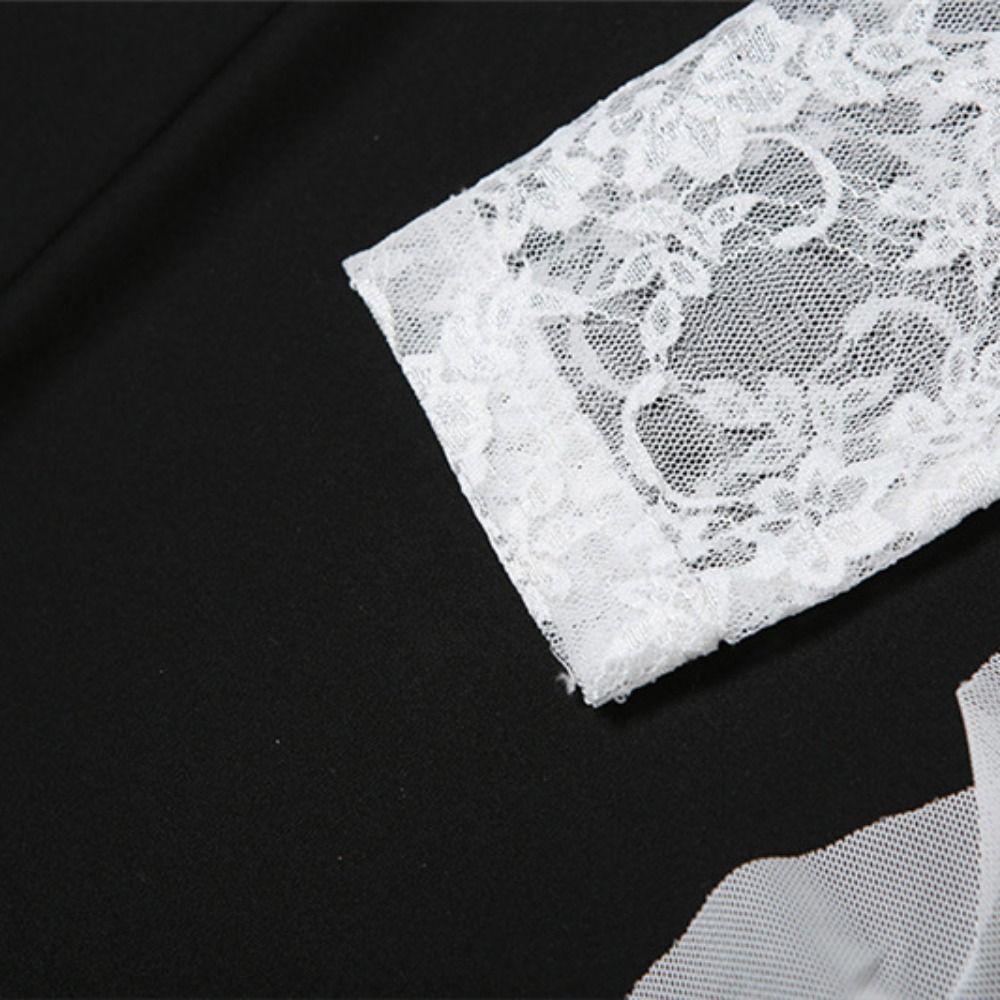 Long Sleeve Lace Flower Dress Ruffled Edge Transparent Dress Women Pleated Lace Dress  Party