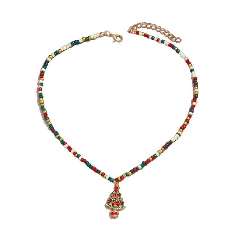 Women's Bohemian Choker Necklace Handmade Christmas Tree and Snowflake Pendant Necklace Colorful Beads Designs