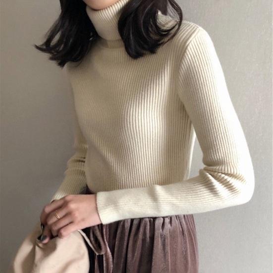 Women Sweater Turtleneck Long Sleeve Slim Fit Knitting Tops Solid Color Soft Elastic Fabric