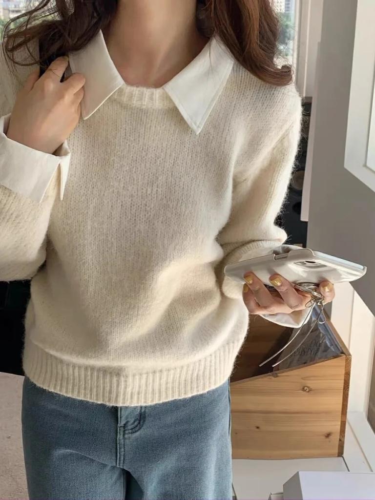 Winter Solid Knitted Pullover Sweater Women Retro Fake Two Pieces Top Pullover Female Korean Fashion Vintage Sweater 2024 New