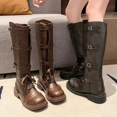 Chunky Women Knee High Boots Fashion Sexy Slim Black Brown Leather Buckle Strap Gladiator Long Boots Platform Autumn Winter Shoe