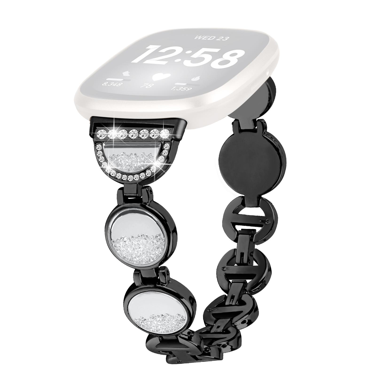 

Watch Band for Fitbit Versa 3/Sense Quicksand Rhinestone Decor Replacement Watch Strap Black