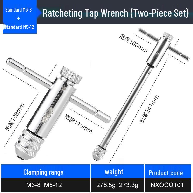 Adjustable Tap Wrench Set - Manual Tapping Tool with Extended Chuck