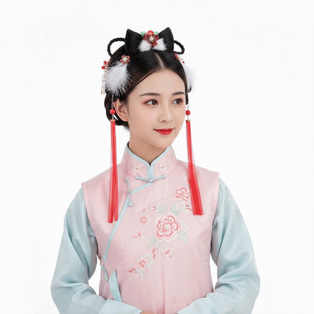 Flower Hanfu Headwear Red New Year Hair Accessories Cute Children Wig Headband Year of the Horse