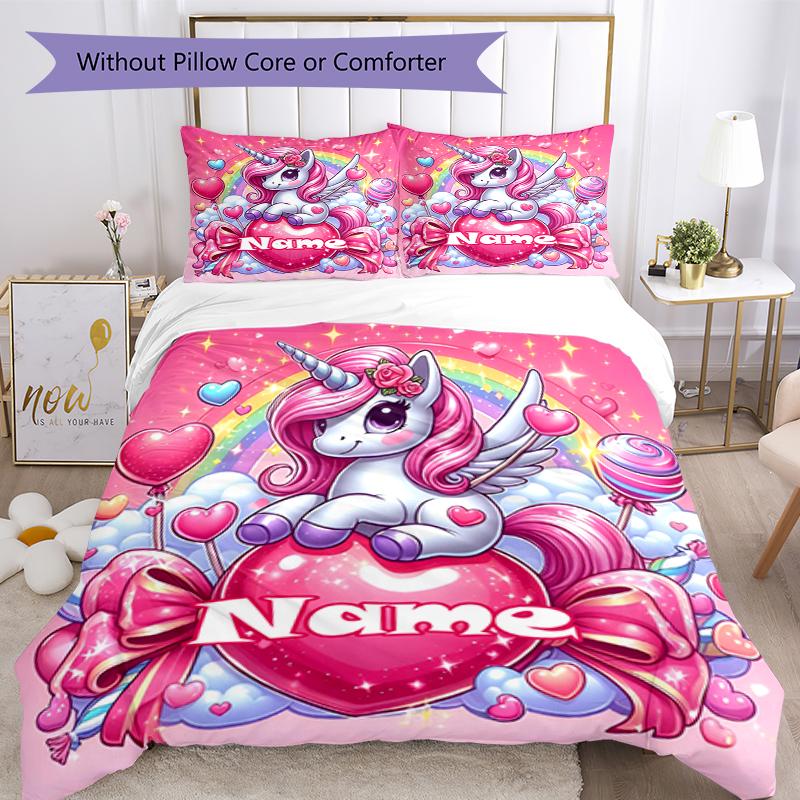 3pcs Custom Name Unicorn Bedding Set Duvet Cover Closure Includes 1 Duvet Cover & 2 Pillowcases, Soft and Comfortable for All Seasons.