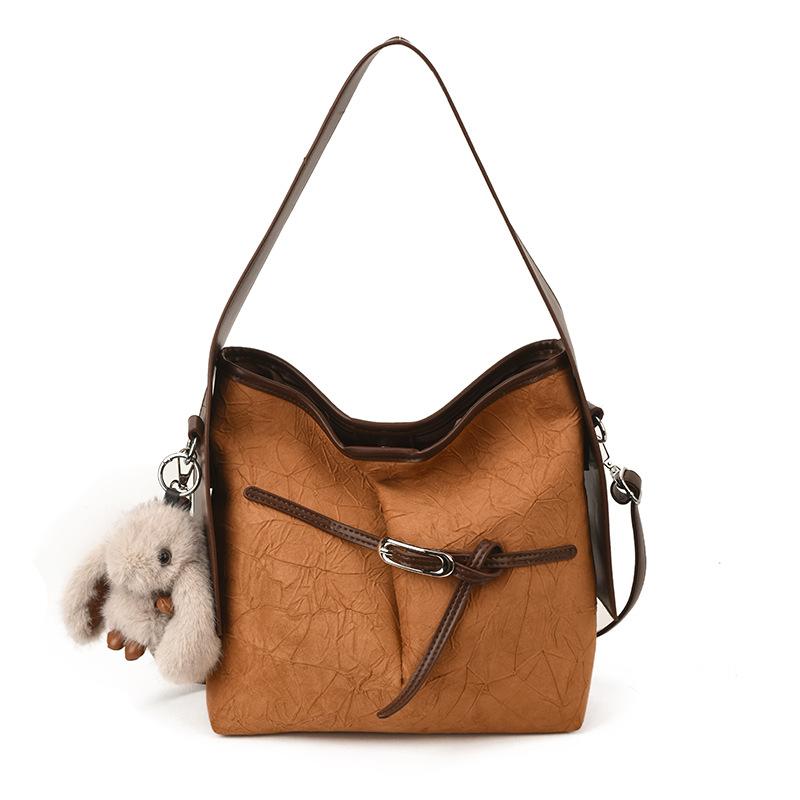 

New Fashi Women Commuting Shoulder Bag Retro Casual Large Capacity Bucket Bag Comfortable and Versatile Texture Handle Bag коричневый
