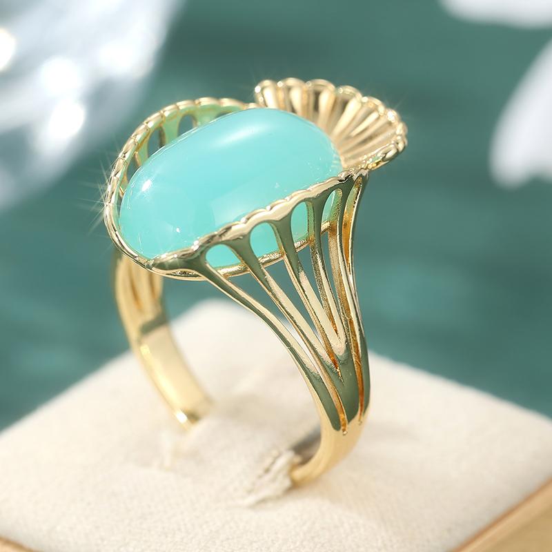 Vintage Inlaid Green Stone Women's Ring Ethnic Gold Color Hand Carving Daily Wear Party Jewelry Anniversary Gift