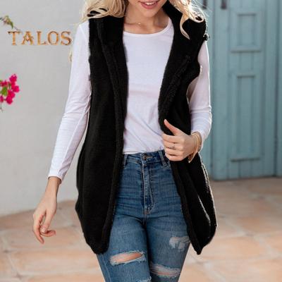 Women Winter Vest with Hood Mid Length Cardigan Faux Fur Waistcoat Solid Color Sleeveless Thick Keep Warm Coat for Daily Wear Outdoor