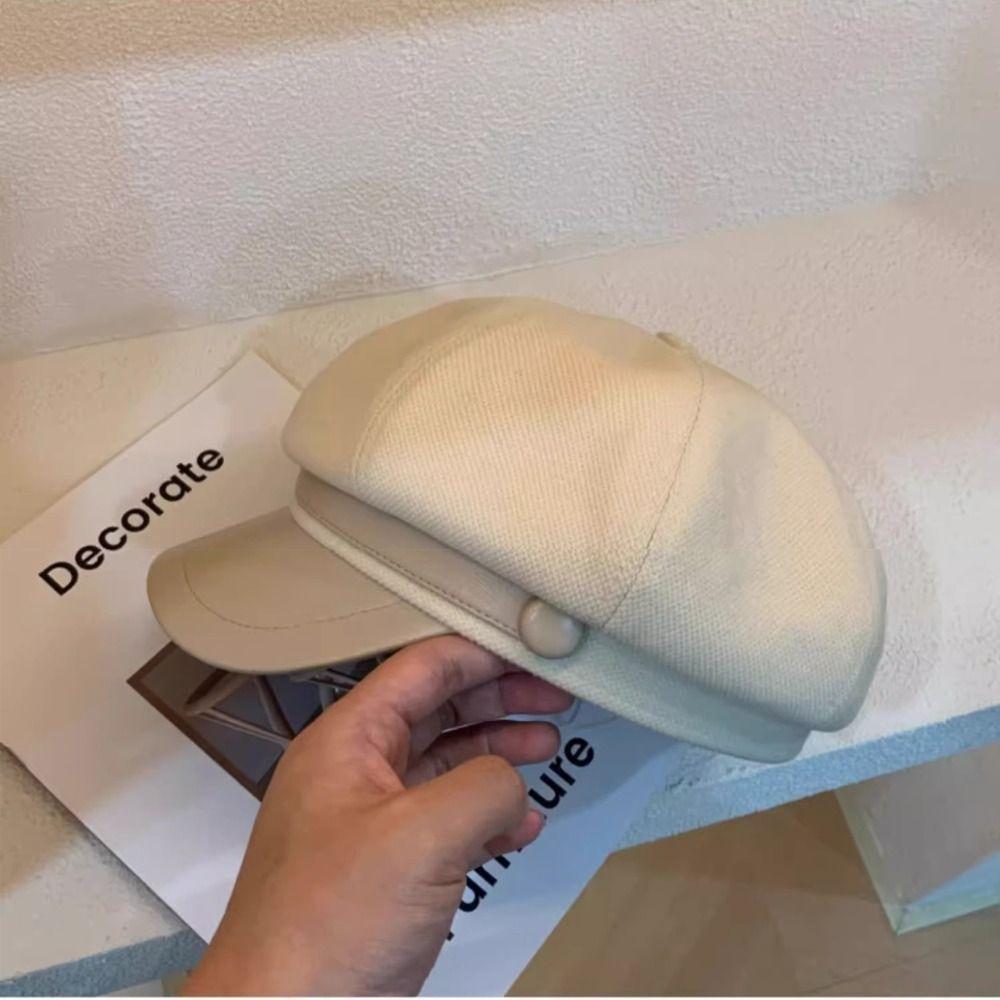 Korean Style Pu Leather Beret British Style Painter Hat Fashion Wool Octagonal Hat  Girl