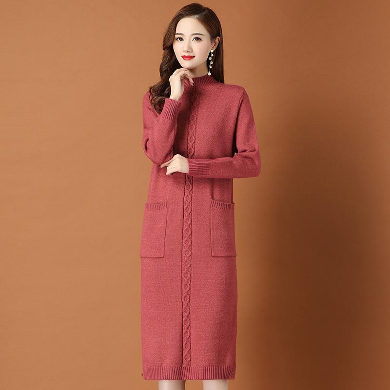Knitted Dress Women's Autumn and Winter Clothing New with Coat Inside with Long Sweater Skirt Knee Bottom Skirt