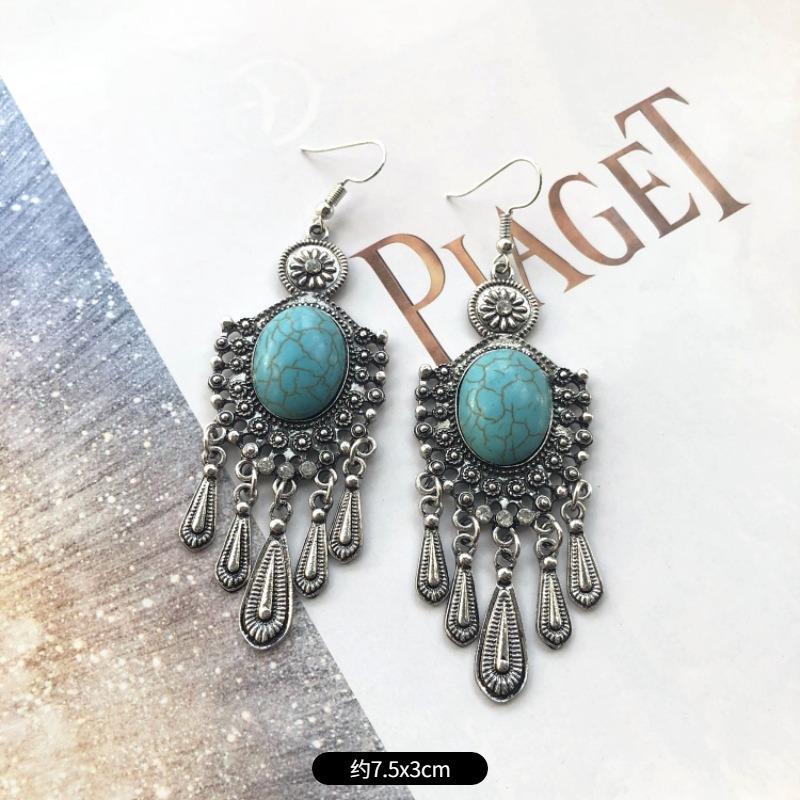 Temperament Retro Turquoise Earrings, Ancient Silver Water Drop Fringed Earrings, Women's Versatile Long Ear Jewelry