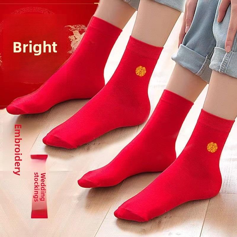 5 Pairs of All Cotton Mid Calf Red Socks for Men's Zodiac Year In Autumn and Winter