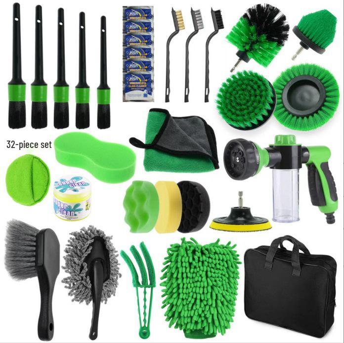 Car Cleaning Kit: 17-Piece Set with Drill Brush, Wheel Brush, Crevice Brush, Sponge, Glove for Interior & Exterior.