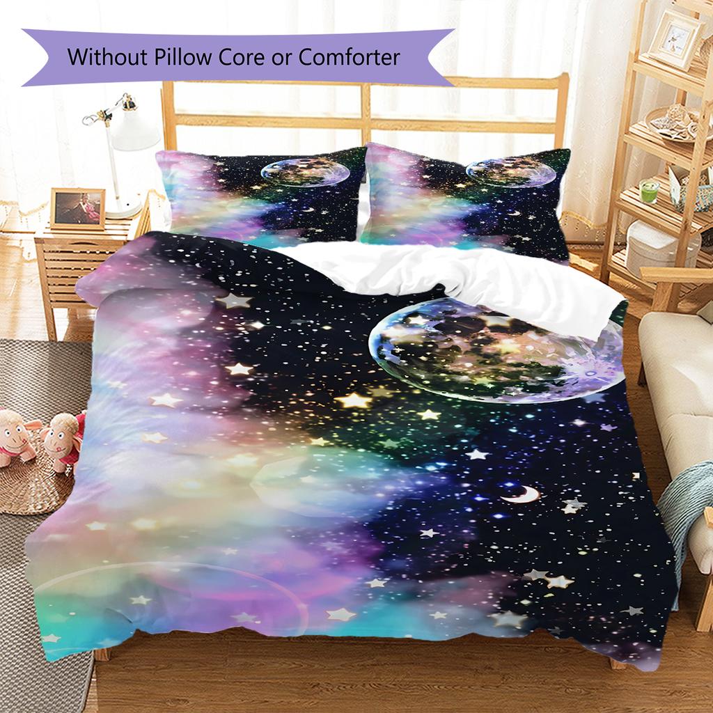 Galaxy Moon Pattern Bedding Quilt Set Quilt Cover Pillowcase Home Decoration Gift (1 * Duvet Cover + 2 * Pillowcase, Without Core)