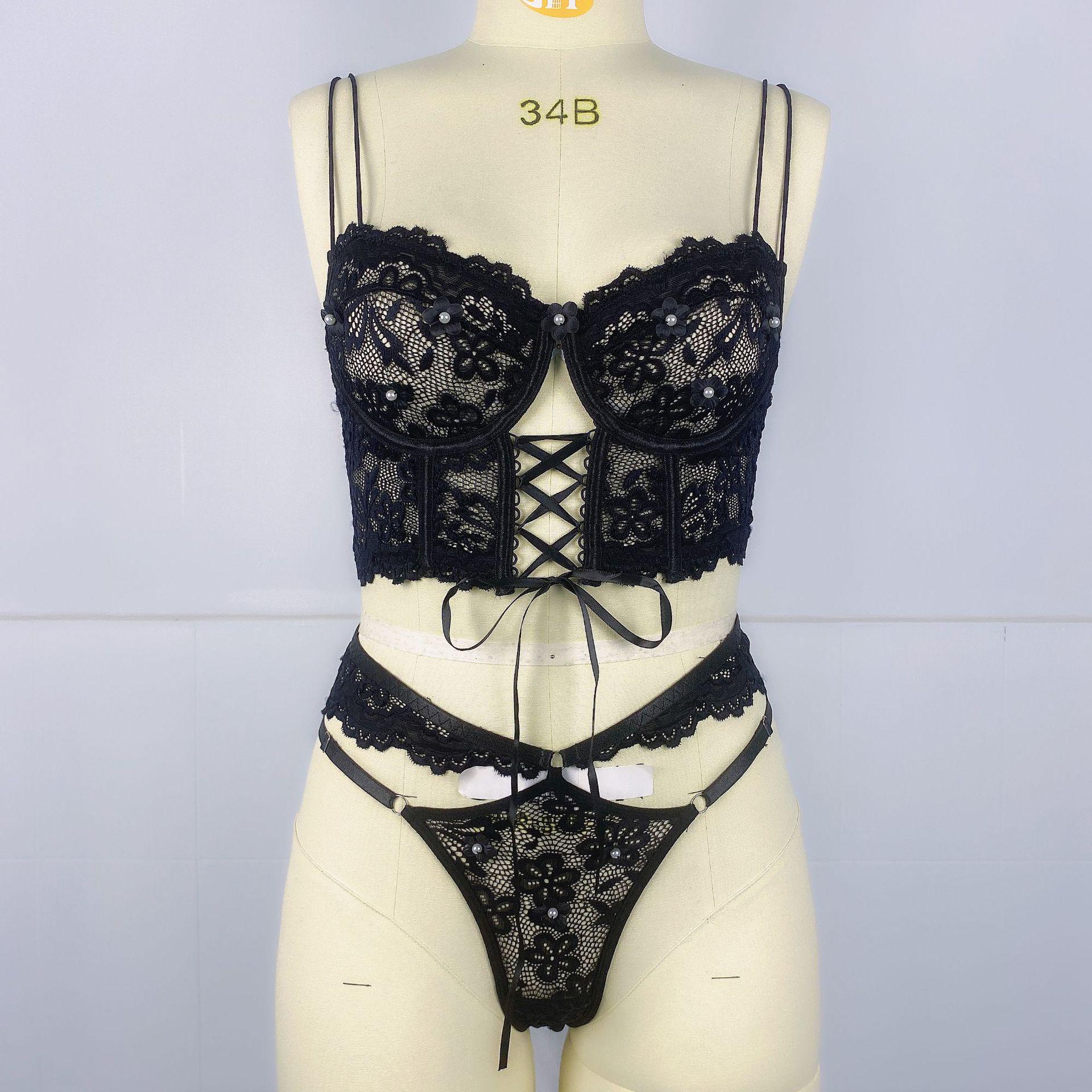 

Европейский и американский кружевной бюстгальтер на косточках со шнуровкой и комплект нижнего белья с 3D цветами из бисера L чёрный