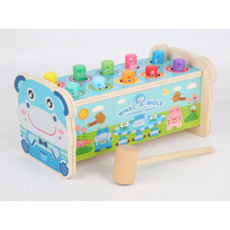 Wooden Lion-Dog Whack-a-Mole Game: Educational Toy for Hand-Eye Coordination and Early Learning.